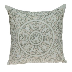 HomeRoots 22" Beige and Green Damask Linen Blend Throw Pillow with Embroidery and Applique - 1 of 4