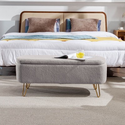 Modern Faux Fur End Of Bed Bench With Gold Legs,Padded Hallway Storage Bench,Storage Ottoman Bench For Living Room Bedroom-Cuddlewood