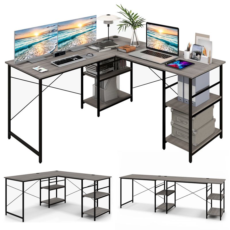 Tangkula Large L-shaped Computer Desk 60” Convertible Corner Desk with 4 Storage Shelves 95” 2-Person Long Study Writing Workstation Black/Rustic Brown/Natural/Grey, 1 of 11