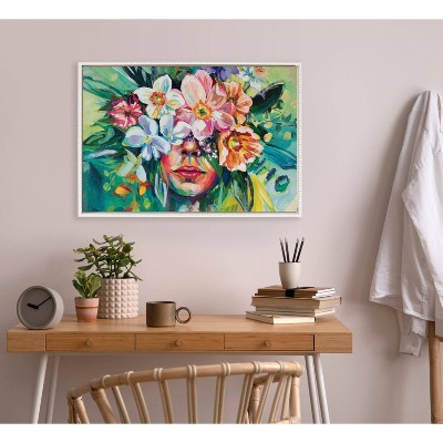 Colorful Floral Portrait on Beaded Framed Canvas, 23x33