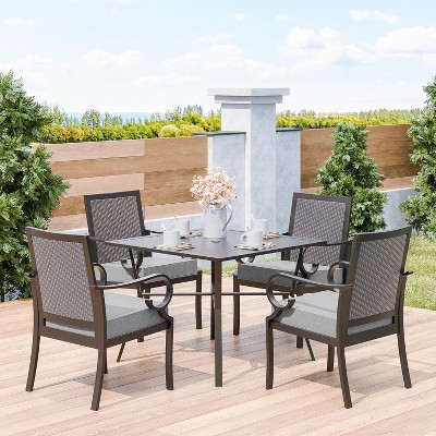 ALAULM Patio Dining Set Outdoor Furniture, Metal Furniture Set Fixed Chairs and Large Table with Umbrella Cutout,for Garden,Porch, Deck, Backyard