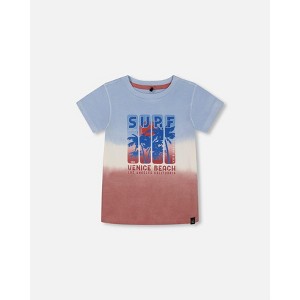 Deux par Deux Boy Short Sleeve Organic Cotton Graphic Tee Gradient Pale Blue and Dark Old Rose - 24 Months - 1 of 4