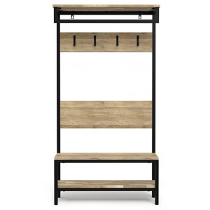 TiramisuBest Natural Oak Hall Tree: Multistorage Marvel with 1 Mirror and Adjustable Legs for Customized Functionality! - 1 of 4