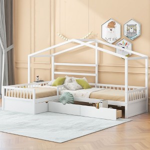 CAVINAS Double Bed Twin Size Modern House-Shaped Bed Frame with 3 Drawers and 2 L-Shaped Beds for Bedroom - 1 of 4