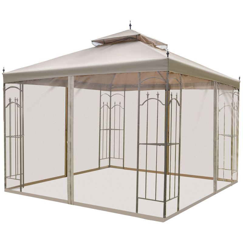Outsunny 118" x 118" Steel Outdoor Patio Gazebo Canopy with Removable Mesh Curtains, Display Shelves, & Steel Frame, Brown, 4 of 9