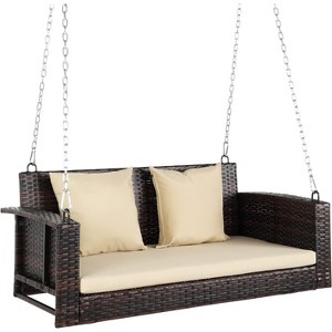 VINGLI Heavy Duty 800 LBS Wicker Hanging Porch Swing with Cushions & Chains, 4FT Outdoor Rattan Swing Bench for Garden, Yard, Lawn (Grey+White) - 1 of 4