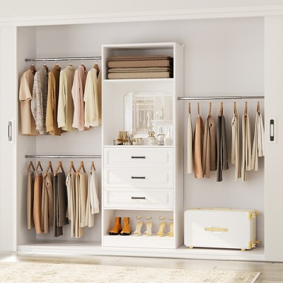 Aheaplus 8 FT Wooden Closet System with Mirror and Hanging Rods, Closet Organizer Storage with Drawer
