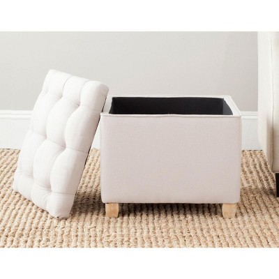 Joanie Beige Tufted Linen Ottoman with Pickled Oak Legs