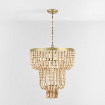 Aleynne Gold and Natural Wood Beaded 21-inch Chandelier