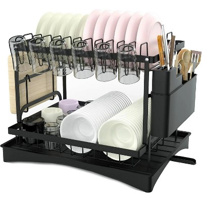 LunaLulinlk Dish Drying Rack,Sink Drainer Rack-2 Tiers Plates Draining Rack Kitchen Organiser with Drip Tray Black