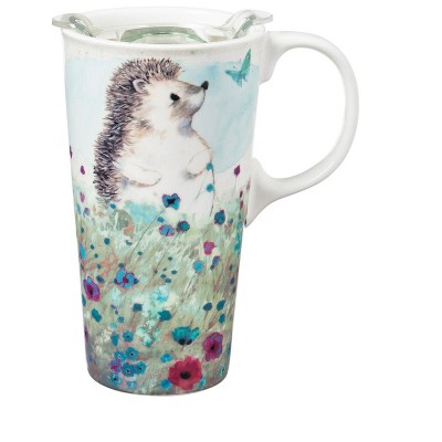 Evergreen Ceramic Travel Cup, 17 OZ. ,w/box and Tritan Lid, Headgehog in the meadow