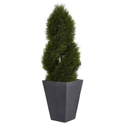 4ft Cypress Double Spiral Topiary Artificial Tree In Slate Planter - Nearly Natural