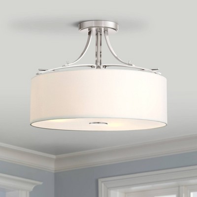 Transitional Brushed Nickel 3-Light Semi-Flush Mount with White Linen Shade