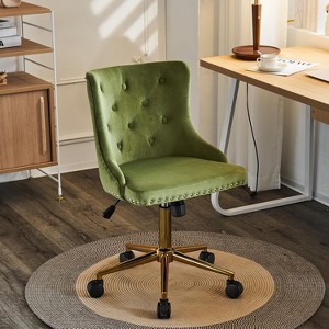 VINGLI Olive Green Velvet Armless Office Desk Chair with Gold Base/Wheels, Small Cute Vanity Chair with Back,Adjustable Rolling Nail Chair - 1 of 4