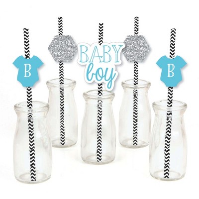 Big Dot of Happiness Baby Boy Paper Straw Decor - Baby Shower Striped Decorative Straws - Set of 24