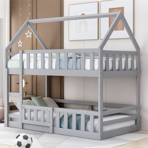 RISOKEYS Twin Over Twin Bunk Bed for Kids - Low Bunk Bed Frame with Ladder, Guardrails and Door, House Shaped Floor Bunk Beds - Gray - 1 of 4