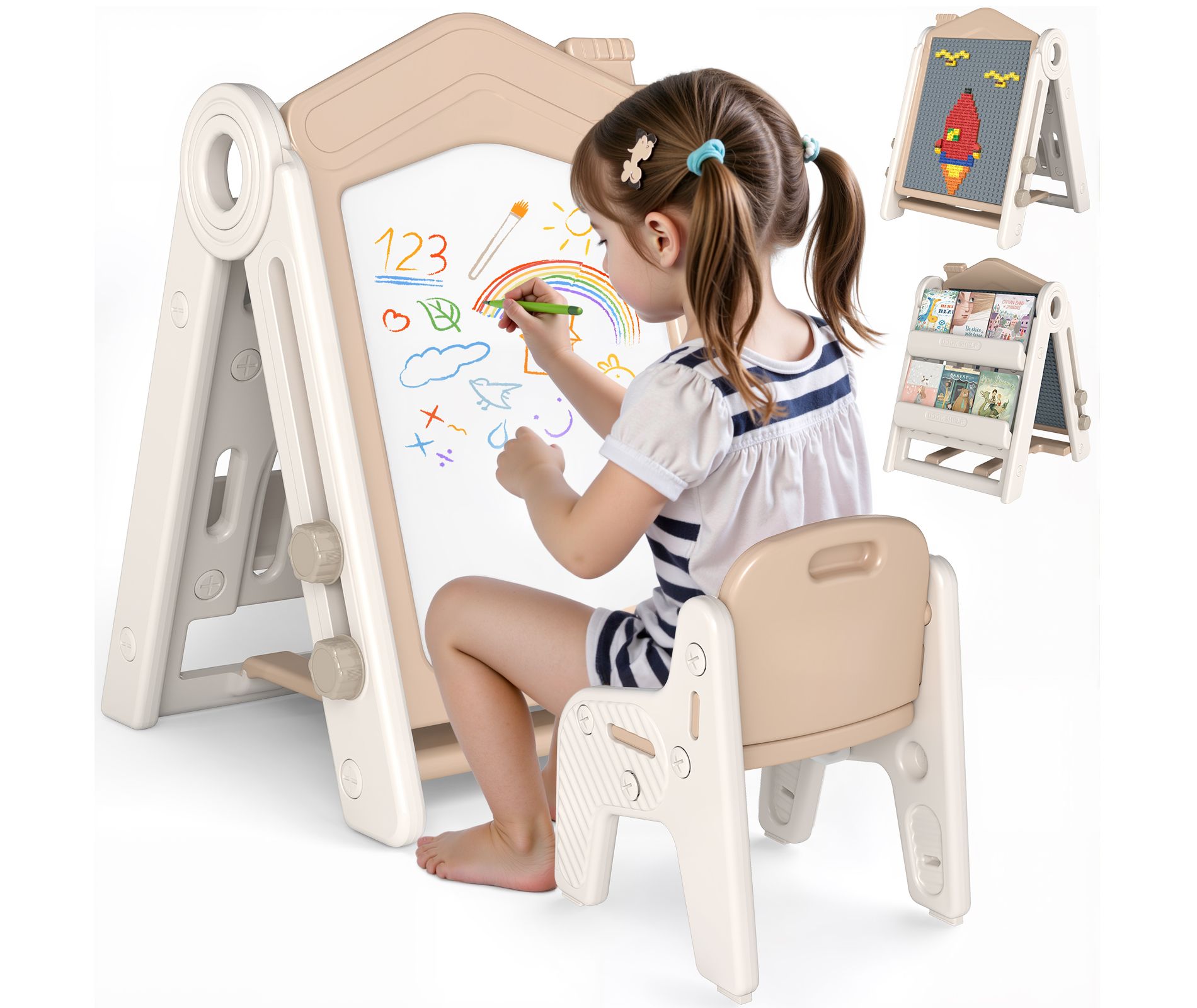 SUGIFT 3-in-1 Kids Art Easel with Magnetic Whiteboard, Block Table & Bookshelf, Adjustable Height, Foldable Creative Station