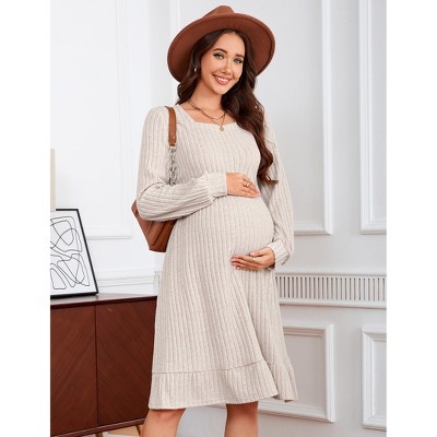 Maternity Sweater Dress Square Neck Lantern Long Sleeve Ribbed Knit Baby Shower Dress Photoshoot