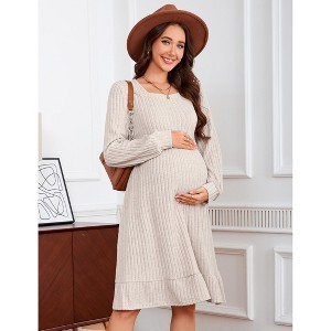 Maternity Sweater Dress Square Neck Lantern Long Sleeve Ribbed Knit Baby Shower Dress Photoshoot - 1 of 4