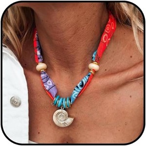 Boho Beach Scarf Necklace - Gold Starfish, Cross & Flower Charm Jewelry - 1 of 4
