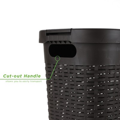 Brown Plastic Wicker Design Collapsible Laundry Basket with Lid