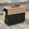 MAYEERTY White 52.2" Kitchen Cart Rubber Wood Drop-Leaf Countertop, Sliding Barn Door 2 Drawers Adjustable Height Rolling Cart - 2 of 4