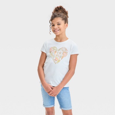 Girls' Short Sleeve Shell Heart Graphic T-Shirt - Cat & Jack™ Cream S: Cotton Blend, Relaxed Fit, Crew Neck, Below Hip Length