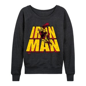 Women's - Marvel - Iron Man Stacked Name Oversized Lightweight French Terry Wide Neck Long Sleeve Graphic Shirt - 1 of 4