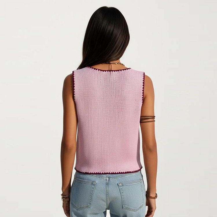 Anna-Kaci Sleeveless Knit Button Front Top with Contrast Trim Detail, 6 of 7