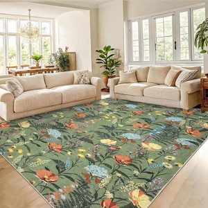 Washable Modern Floral Rug Non Slip Low Pile Rug Soft Throw Floor Cover Foldable Indoor Carpet for Living Room Bedroom Playroom Nursery - 1 of 4