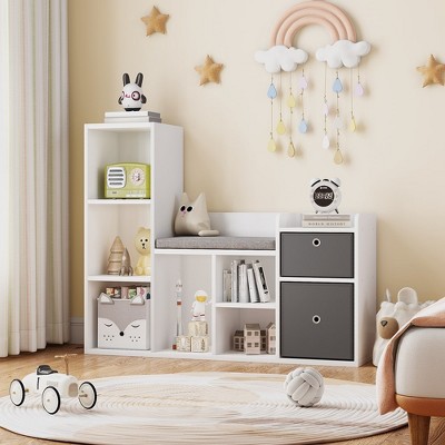 Garvee Kids Bookshelf 44.1in Width Toy Storage Organizer with Reading Nook White Bookcase Seat Cushion for Kids Room, Playroom, Nursery