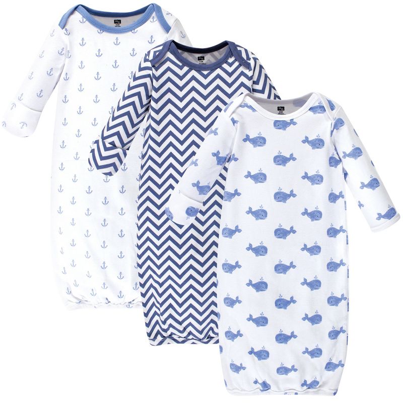 Hudson Baby Infant Boy Cotton Long-Sleeve Gowns 3pk, Blue Whales, 0-6 Months, 1 of 6