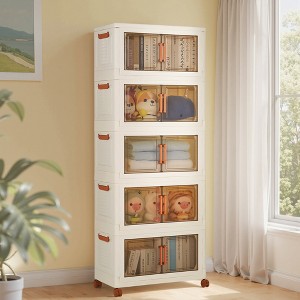 VECELO 3/4/5 Tier Stackable Storage Bins with Lid, Folding Storage Cabinet with Double Door & Wheels, Milky White - 1 of 4