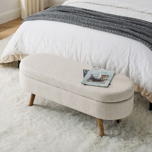 Okak Modern Linen Oval Storage Ottoman Bench with Rubber Wood Legs Soft Long Storage Footrest Stool for Living Room, Entryway, Bedroom, Beige - 1 of 4
