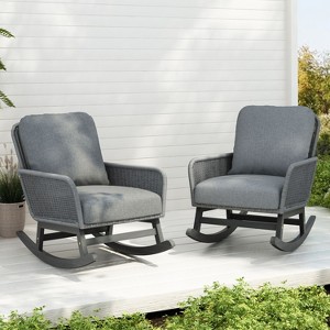CAVINAS 2PC Indoor & Outdoor Wicker Patio Rocking Chair with Solid Wood Frame & Cushion,Comfy Lounge Chair for Garden,Backyard,Gray - 1 of 4