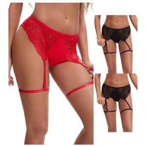 INSPIRE CHIC Women's 3 Pcs Perspective Lace Hipsters Hollow Out Panties with Adjustable Garters - 1 of 4