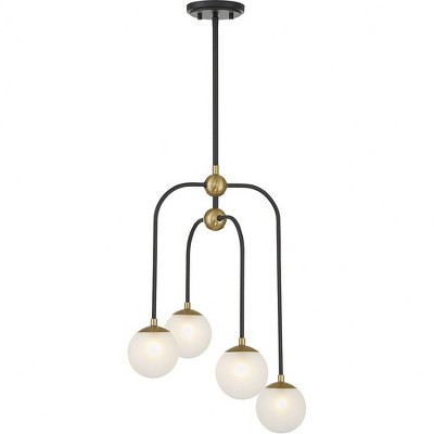 Matte Black and Warm Brass 4-Light Mini Chandelier with Frosted Glass Shades