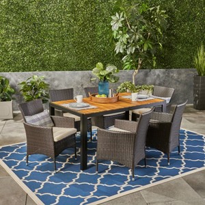Christopher Knight Home Abel Outdoor Acacia Wood and Wicker 7 Piece Dining Set with Cushion, Teak/Multibrown - 1 of 4