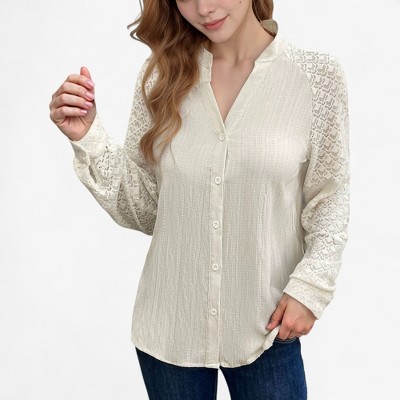 Anna-Kaci Women's Button-Down Shirt with Textured Body and Long Lace Sleeves