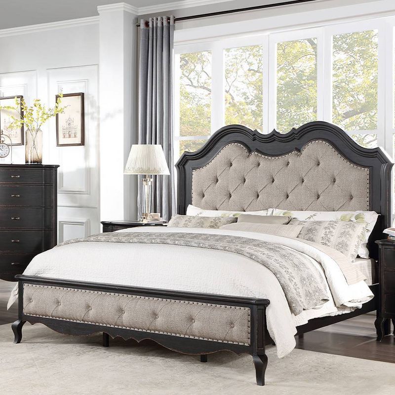 82.5&#34; Eastern King Bed&#34; Chelmsford Beds Beige Fabric Antique Black Finish - Acme Furniture, 1 of 7