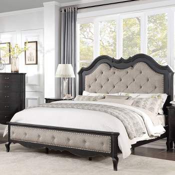 82.5" Eastern King Bed" Chelmsford Beds Beige Fabric Antique Black Finish - Acme Furniture