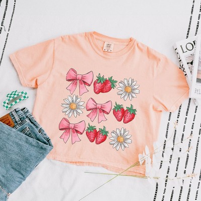 Simply Sage Market Women's Coquette Strawberry Floral  Short Sleeve Relaxed Fit Cropped Tee
