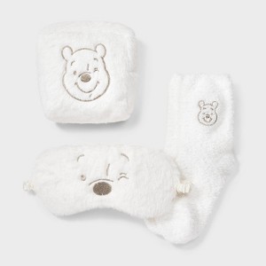 Women's Winnie The Pooh Embroidered Faux Fur 3pk Cozy Gift Set with Reusable Pouch, Cozy Socks and Eye Mask - Ivory/Gold 4-10 - 1 of 4