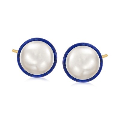 Ross-Simons 10-10.5mm Cultured Pearl and Lapis Bezel-Set Earrings With 14kt Yellow Gold