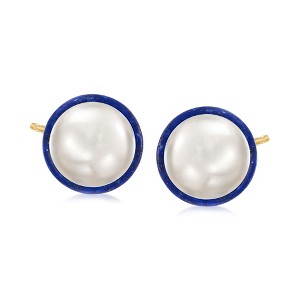 Ross-Simons 10-10.5mm Cultured Pearl and Lapis Bezel-Set Earrings With 14kt Yellow Gold - 1 of 3