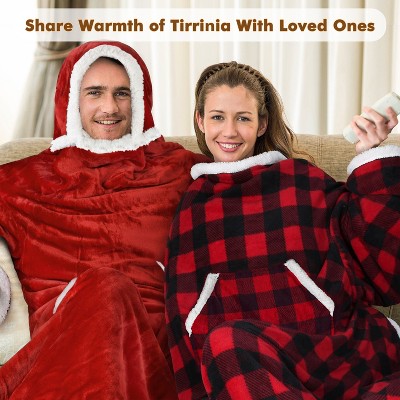 Wine Red Sherpa Fleece Hooded Sleeved Wearable Blanket