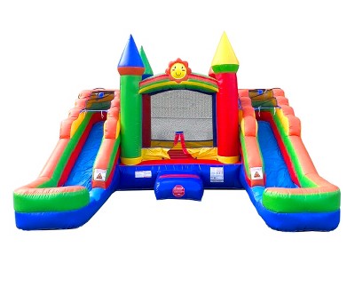 Image of Pogo Bounce House Crossover Double Water Slide Bounce House Combo, Rainbow