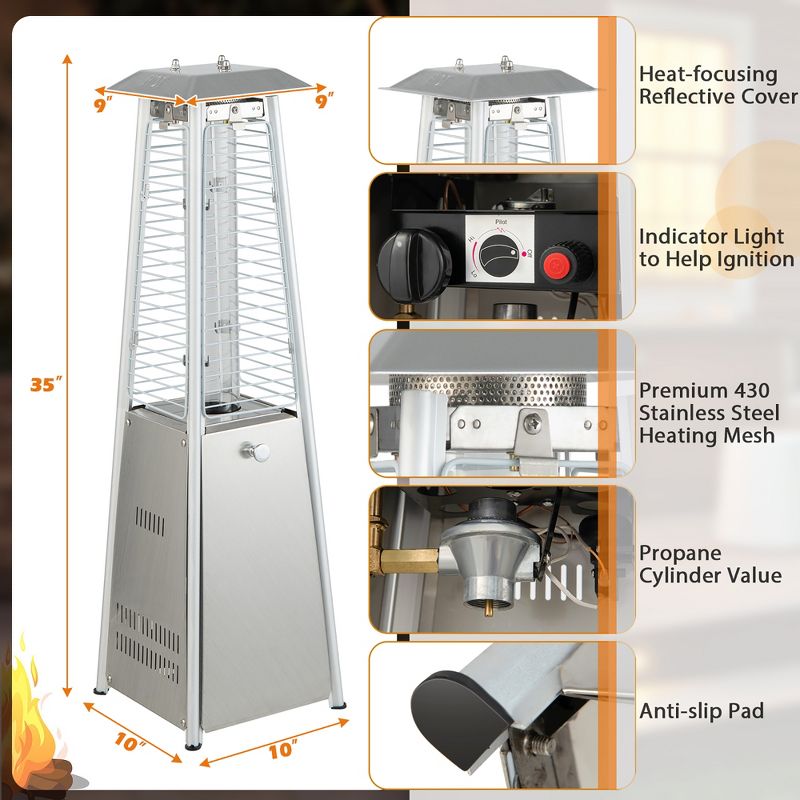 Costway 35'' Portable Tabletop Pyramid Patio Heater Stainless Steel Propane gas 9500 BTU, 5 of 10