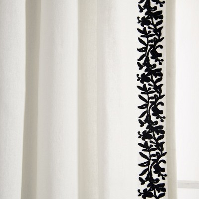 Luxury Modern Flower Linen Like Embroidery Border Window Curtain Panel Off White/Black Single 52X84
