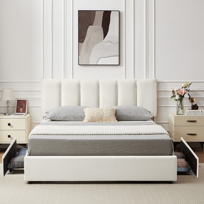 VECELO Upholstered Bed Frame with 4 Storage Drawers and Adjustable Velvet Headboard